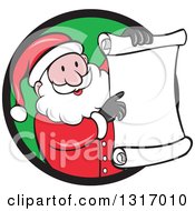 Poster, Art Print Of Cartoon Happy White Santa Claus Holding And Pointing To A Christmas Scroll List And Emerging From A Black And Green Circle
