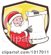 Poster, Art Print Of Cartoon Happy White Santa Claus Holding And Pointing To A Christmas Scroll List And Emerging From A Brown White And Yellow Shield