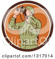 Retro World War Two American Soldier Using Binoculars In A Brown And White Circle