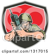 Retro Cartoon World War Two Soldier Holding A Field Radio In A Taupe Green White And Red Shield