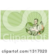 Retro Woodcut Organic Farmer Or Grocer With With Produce And Green Rays Background Or Business Card Design