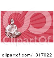 Clipart Of A Retro Woodcut Butcher Holding A Knife Over Meat And Pink Rays Background Or Business Card Design Royalty Free Illustration