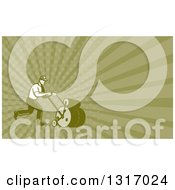 Clipart Of A Retro Woodcut Male Gardener Using An Old Lawn Roller And Green Rays Background Or Business Card Design Royalty Free Illustration