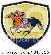 Poster, Art Print Of Retro Woodcut Horse Racing Jockey In An Orange Navy Blue White And Green Shield