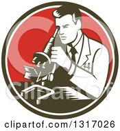 Clipart Of A Retro Woodcut Male Scientist Using A Microscope In A Dark Green White And Red Circle Royalty Free Vector Illustration