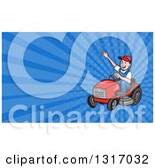 Poster, Art Print Of Cartoon Landscaper Waving And Operating A Ride On Lawn Mower And Blue Rays Background Or Business Card Design