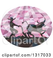 Poster, Art Print Of Retro Low Poly Geometric Silhouetted Southeast Asian Farmer And Water Buffalo Plowing A Field In A Purple Oval
