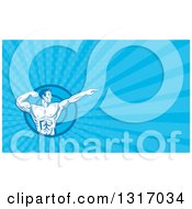 Poster, Art Print Of Retro Bodybuilder Flexing And Pointing And Blue Rays Background Or Business Card Design
