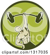 Clipart Of A Retro Strongman Bodybuilder Lifting A Barbell One Handed In A Green Circle Royalty Free Vector Illustration