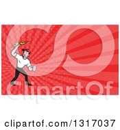 Clipart Of A Cartoon White Male Electrician Holding Up A Bolt And Red Rays Background Or Business Card Design Royalty Free Illustration