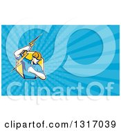 Clipart Of A Retro Male Electrican Holding A Bolt And Blue Rays Background Or Business Card Design Royalty Free Illustration
