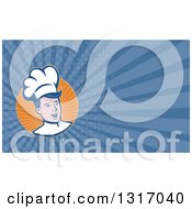 Poster, Art Print Of Retro Male Chef In A Circle Of Sunshine And Blue Rays Background Or Business Card Design