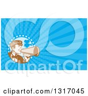 Clipart Of A Retro Male Movie Director Using A Bullhorn In A Film Strip Circle And Blue Rays Background Or Business Card Design Royalty Free Illustration by patrimonio
