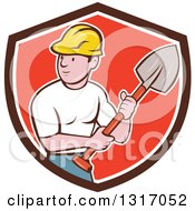 Cartoon White Male Construction Worker Builder Holding A Shovel In A Brown White And Red Shield