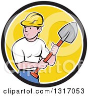 Poster, Art Print Of Cartoon White Male Construction Worker Builder Holding A Shovel In A Black White And Yellow Circle