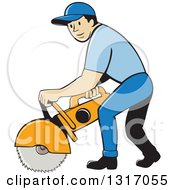 Poster, Art Print Of Cartoon White Male Construction Worker Using A Concrete Cutter Tool
