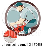 Retro Cartoon White Male Construction Worker Using A Concrete Cutter Tool In A Brown White And Blue Circle