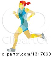 Poster, Art Print Of Retro Low Poly Geometric Red Haired White Female Marathon Runner