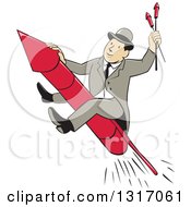 Poster, Art Print Of Cartoon Man Wearing A Suit And Bowler Hat Riding A Firework Rocket