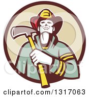 Poster, Art Print Of Retro Fireman Holding An Axe In A Brown And Tan Circle