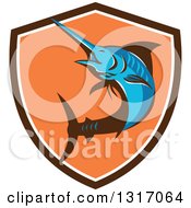 Poster, Art Print Of Retro Blue Marlin Fish In A Brown White And Orange Shield