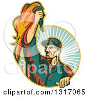 Clipart Of A Retro Revolution Male Worker Holding Up A Torch And Emerging From A Turquoise Sun Burst Circle Royalty Free Vector Illustration