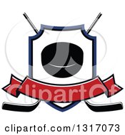 Poster, Art Print Of Hockey Puck Inside A Shield Over Crossed Sticks With A Blank Red Banner