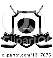 Poster, Art Print Of Black And White Hockey Puck Inside A Shield Over Crossed Sticks With A Blank Banner