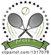 Tennis Ball And Crossed Rackets Inside A Circle Of Stars Above A Blank Green Banner