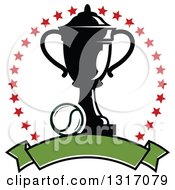 Clipart Of A Tennis Ball And Trophy Inside A Circle Of Red Stars Above A Blank Green Banner Royalty Free Vector Illustration by Vector Tradition SM