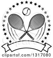 Poster, Art Print Of Black And White Tennis Ball And Crossed Rackets Inside A Circle Of Stars Above A Blank Banner