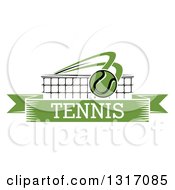 Poster, Art Print Of Tennis Ball Flying Over A Net And A Green Text Banner