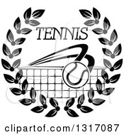 Poster, Art Print Of Black And White Tennis Ball Flying Over A Net With Text In A Wreath