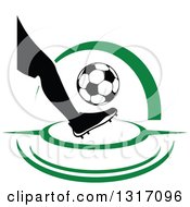 Clipart Of A Soccer Ball Players Foot Kicking A Ball With Green Swooshes Royalty Free Vector Illustration by Vector Tradition SM