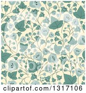 Poster, Art Print Of Seamless Background Pattern Of Vintage Blue Bellflowers With Berries And Leaves On Pastel Yellow