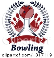 Clipart Of A Red Bowling Ball In A Lane With Pins Inside A Laurel Wreath With A Blank Banner Above Text Royalty Free Vector Illustration