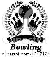 Clipart Of A Black And White Bowling Ball In A Lane With Pins Inside A Laurel Wreath With A Blank Banner Above Text Royalty Free Vector Illustration