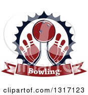 Clipart Of A Red Bowling Ball In A Lane With Pins Inside A Burst Circle With A Text Banner Royalty Free Vector Illustration
