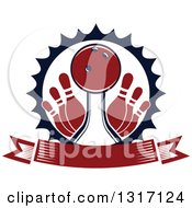 Clipart Of A Red Bowling Ball In A Lane With Pins Inside A Burst Circle With A Blank Banner Royalty Free Vector Illustration