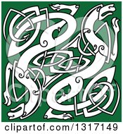 Clipart Of White Celtic Knot Dragons On Green Royalty Free Vector Illustration