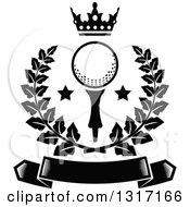 Clipart Of A Black And White Crown Above A Golf Ball With Stars In A Green Wreath Over A Blank Banner Royalty Free Vector Illustration