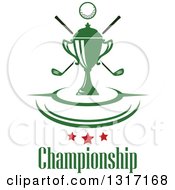 Poster, Art Print Of Golf Ball Green Trophy And Crossed Clubs With Curves Over Stars And Text