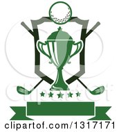 Poster, Art Print Of Golf Ball Green Trophy And Crossed Clubs With A Shield Stars And Blank Banner