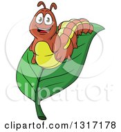 Poster, Art Print Of Cartoon Brown Caterpillar On A Leaf