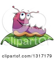 Poster, Art Print Of Cartoon Purple Caterpillar On A Leaf