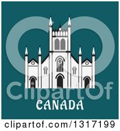 Clipart Of A Flat Design Canadian Gothic Temple Landmark Over Text On Turquoise Royalty Free Vector Illustration