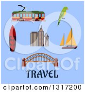 Flat Design Australian Travel Items Harbour Bridge And Skyscrapers Yacht And Surfboard Tram And Eclectus Parrot On Blue With Text