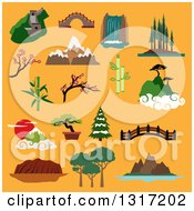 Flat Design Famous Landscapes And Buildings Of China Japan Canada Usa Australia With Great Wall Ancient Bridges Waterfall Trees Of Rainforest Mountains Blooming Sakura Bamboo On Orange