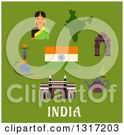 Poster, Art Print Of Flat Design Indian Culture And Travel Landmarks Woman  National Flag Pot Of Tea And A Hookah Pipe With Text On Green