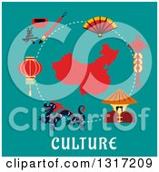 Poster, Art Print Of Flat Design Of A Dragon Chinaman Lantern Calligraphy Fan Around A Map Of China Over Text On Turquoise